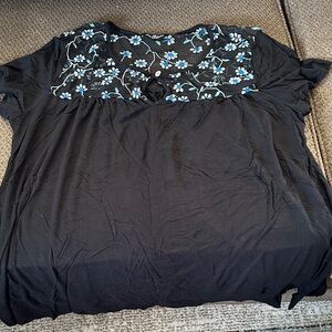 cha cha vente Black Blouse with Blue Floral Embroidered Yoke